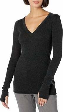 Enza Costa Women’s Cashmere Blend Cuffed V-Neck Top with Thumbholes Charcoal